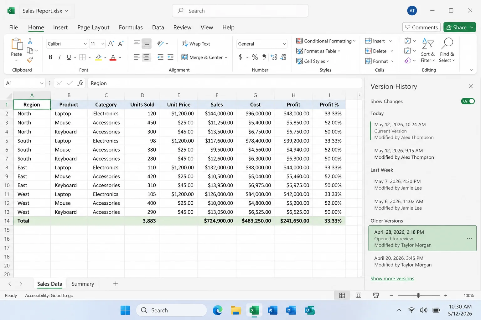 Excel Version History pane with several dated versions and one older version opened for review