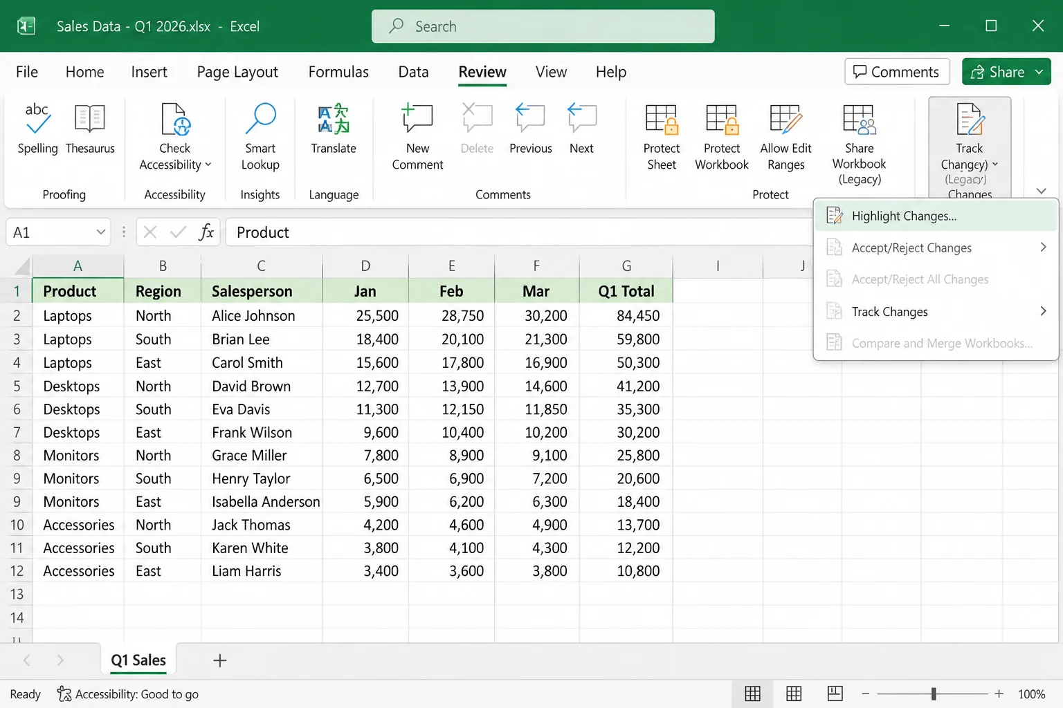 Excel legacy Review tab with Track Changes menu open and Highlight Changes selected