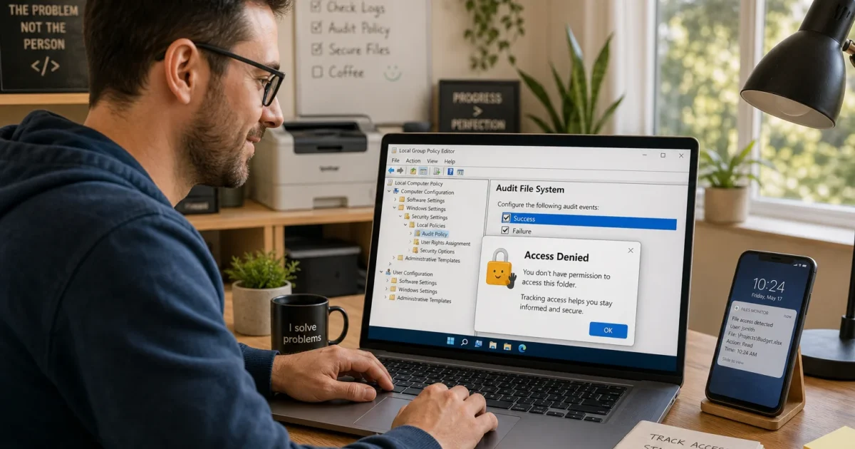 Man wearing glasses and a navy hoodie types on a laptop at a home office; the screen shows a Windows Local Group Policy Editor with an 'Access Denied' alert dialog.
