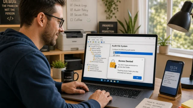 Man wearing glasses and a navy hoodie types on a laptop at a home office; the screen shows a Windows Local Group Policy Editor with an 'Access Denied' alert dialog.