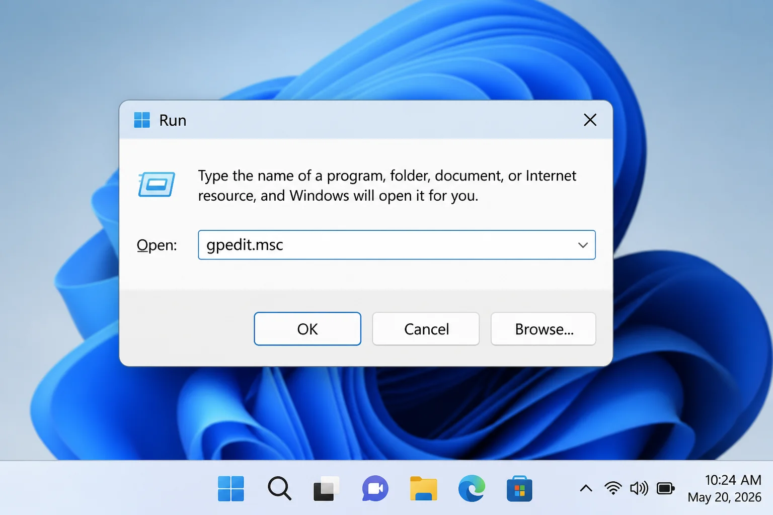 Run dialog box with gpedit.msc typed in the Open field