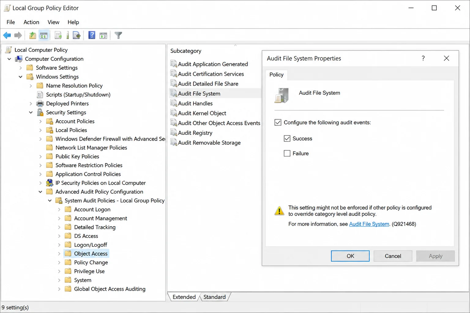 Local Group Policy Editor showing Audit File System properties dialog under Advanced Audit Policy Configuration > System Audit Policies > Object Access