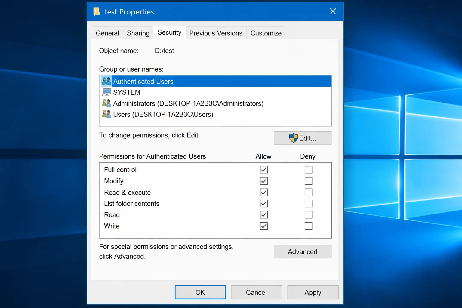 Folder Properties dialog with the Security tab selected, showing group and user names listed with Allow permission checkboxes