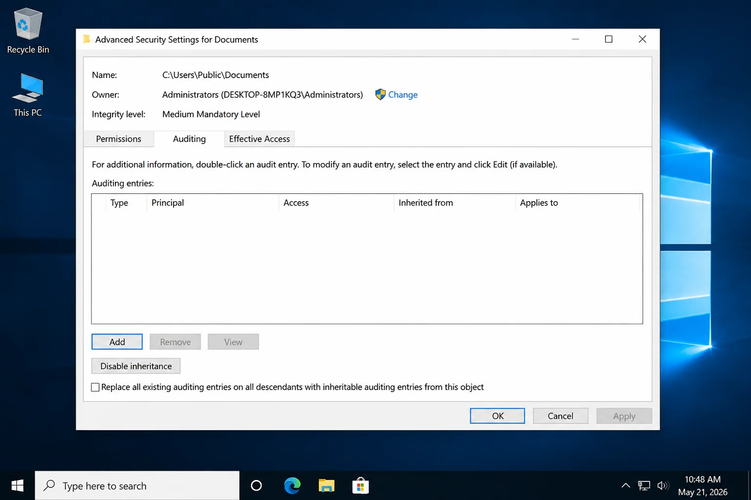 Advanced Security Settings dialog for a folder showing the Auditing tab with an empty auditing entries list and an Add button visible