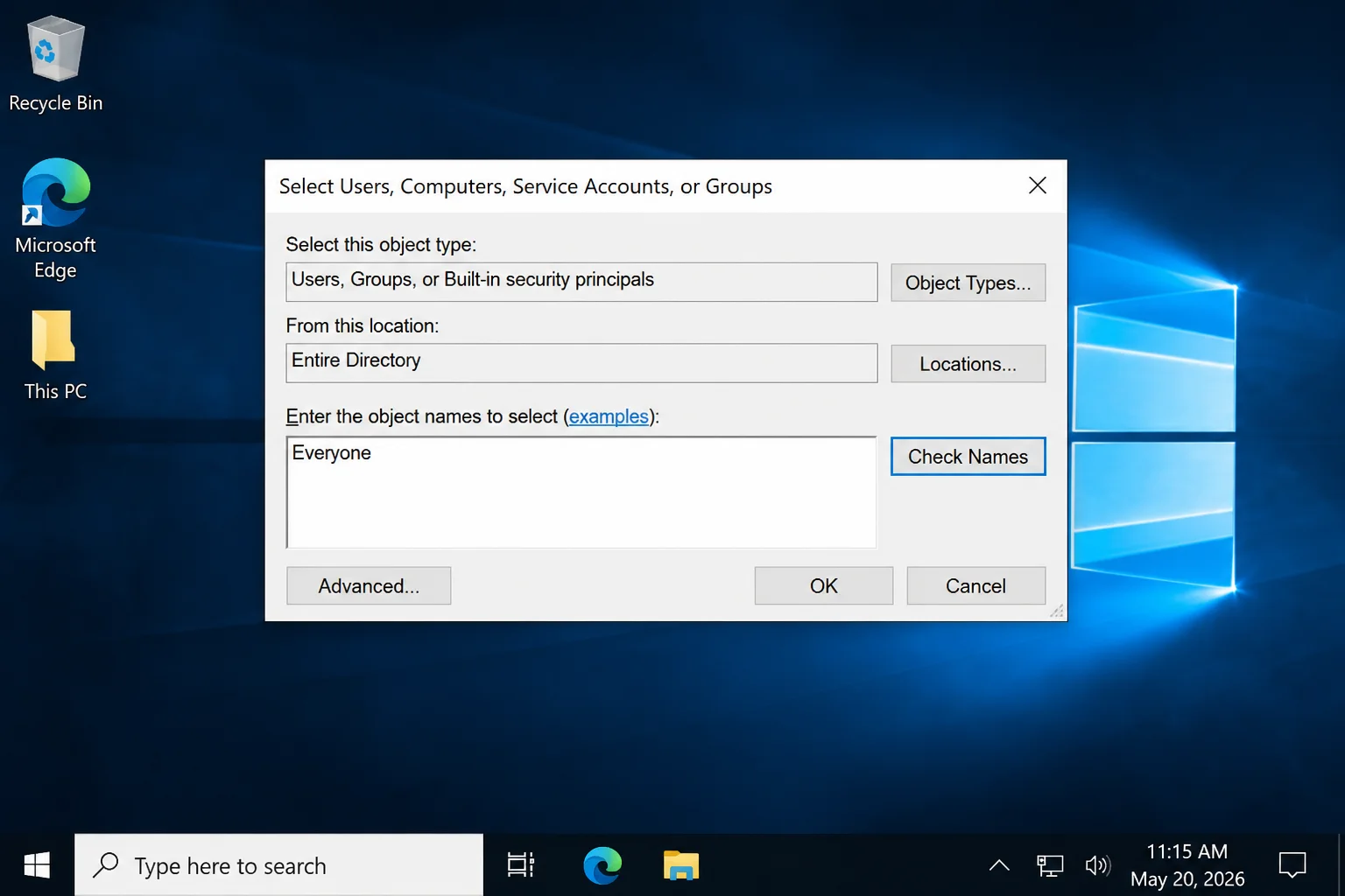 Select User, Computer, Service Account, or Group dialog with "Everyone" typed in the object name field and the Check Names button visible