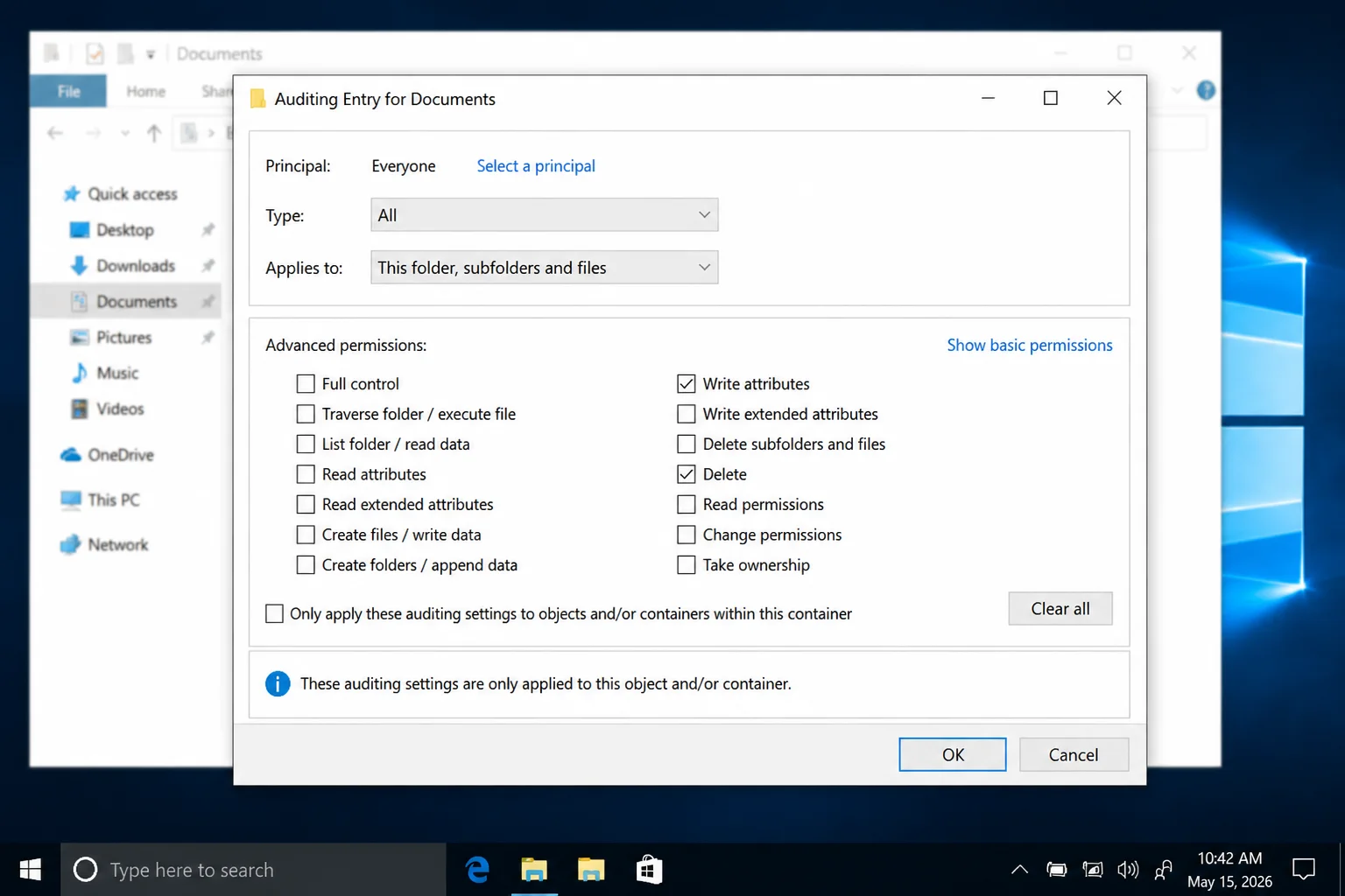 Auditing Entry dialog for a folder showing Type set to All, Principal set to Everyone, Basic permissions with Write and Delete checked, and Applies to set to This folder, subfolders and files