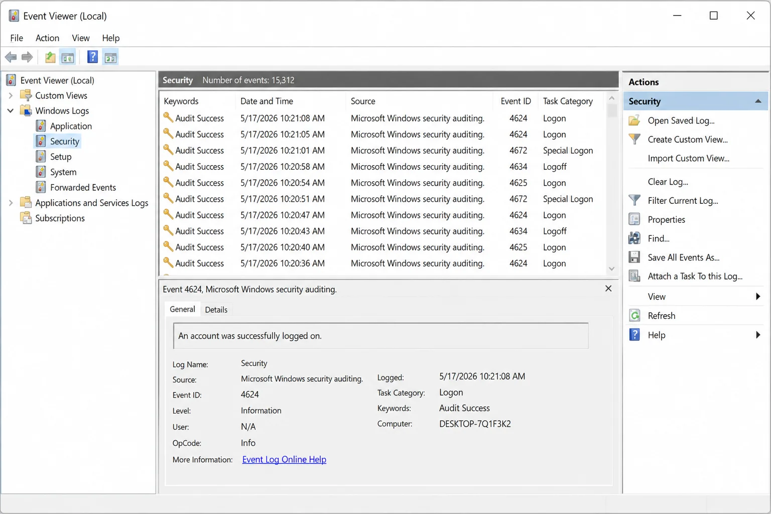 Event Viewer showing Windows Logs > Security selected in the left pane with a list of security audit events in the center pane