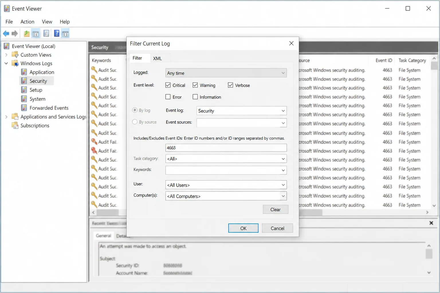Filter Current Log dialog in Event Viewer with 4663 entered in the Event IDs field