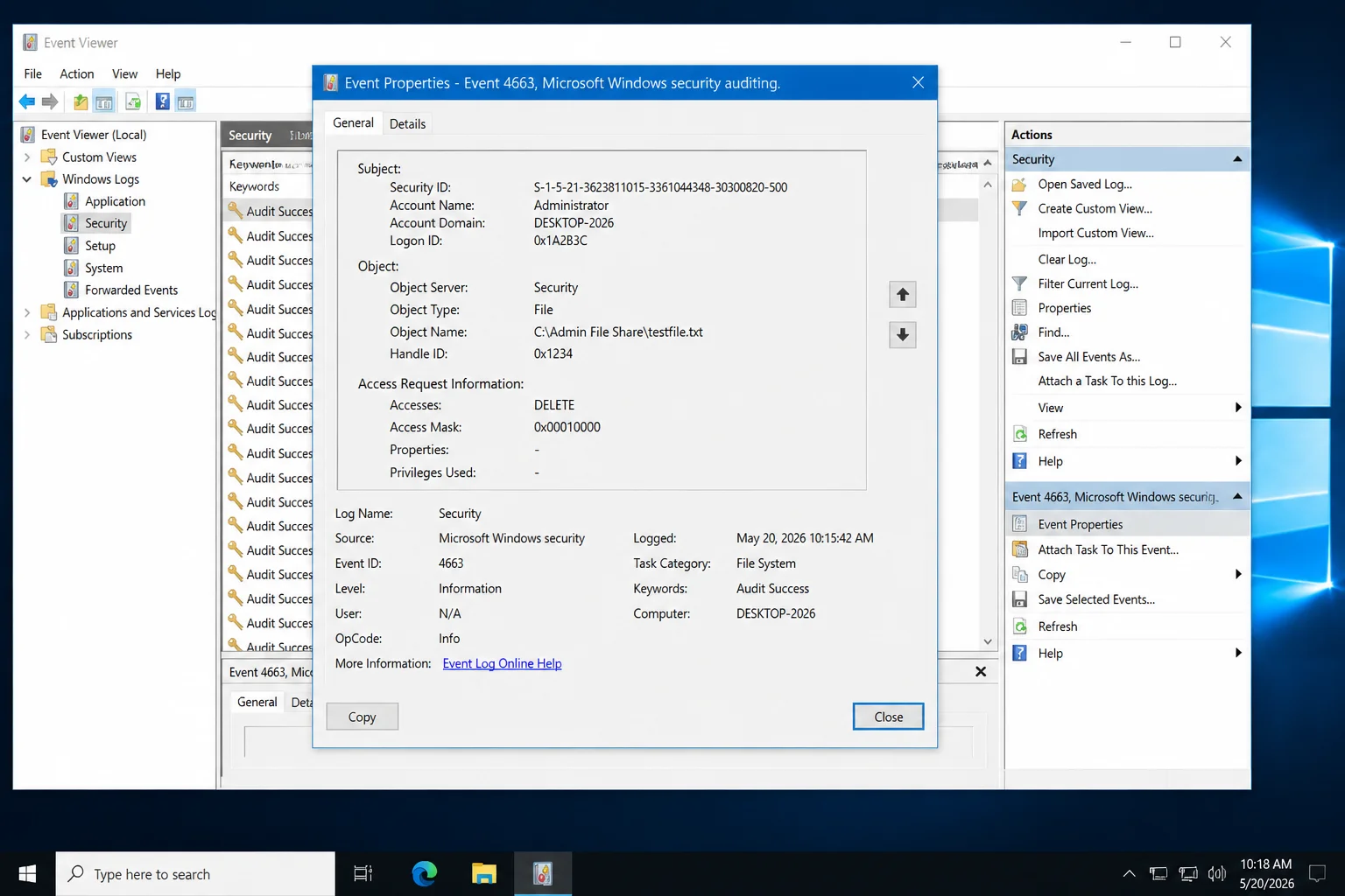 Event Properties dialog for Event ID 4663 showing the General tab with Subject Account Name, Object Name displaying a file path, and Accesses field listing DELETE