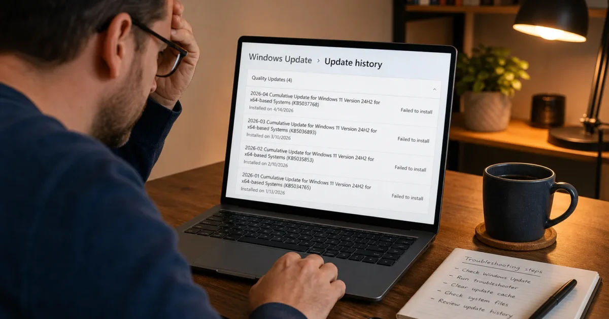 Man wearing glasses looks stressed while reviewing Windows Update history on a laptop screen at a wooden desk with a mug nearby
