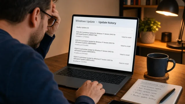 Man wearing glasses looks stressed while reviewing Windows Update history on a laptop screen at a wooden desk with a mug nearby