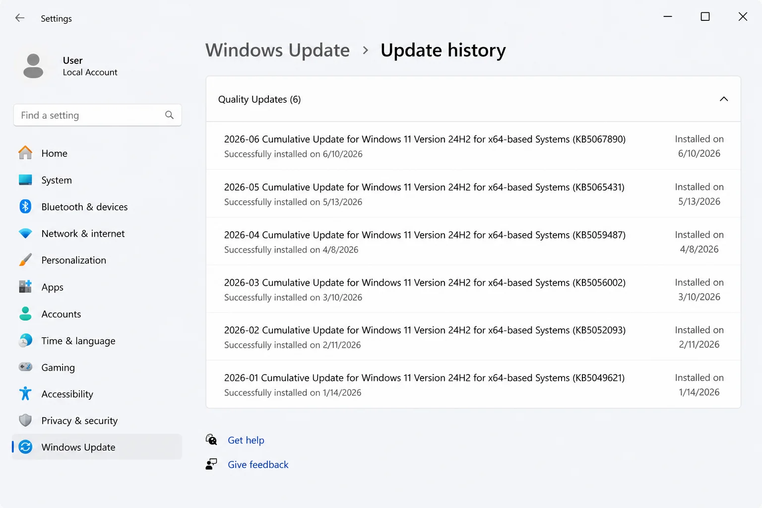 Windows 11 Settings > Windows Update > Update history showing recently installed quality updates with KB numbers and install dates in reverse chronological order