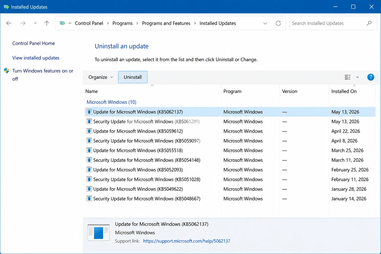 Control Panel > Programs and Features > View installed updates showing a list of Windows updates with one selected and the Uninstall button highlighted in the toolbar
