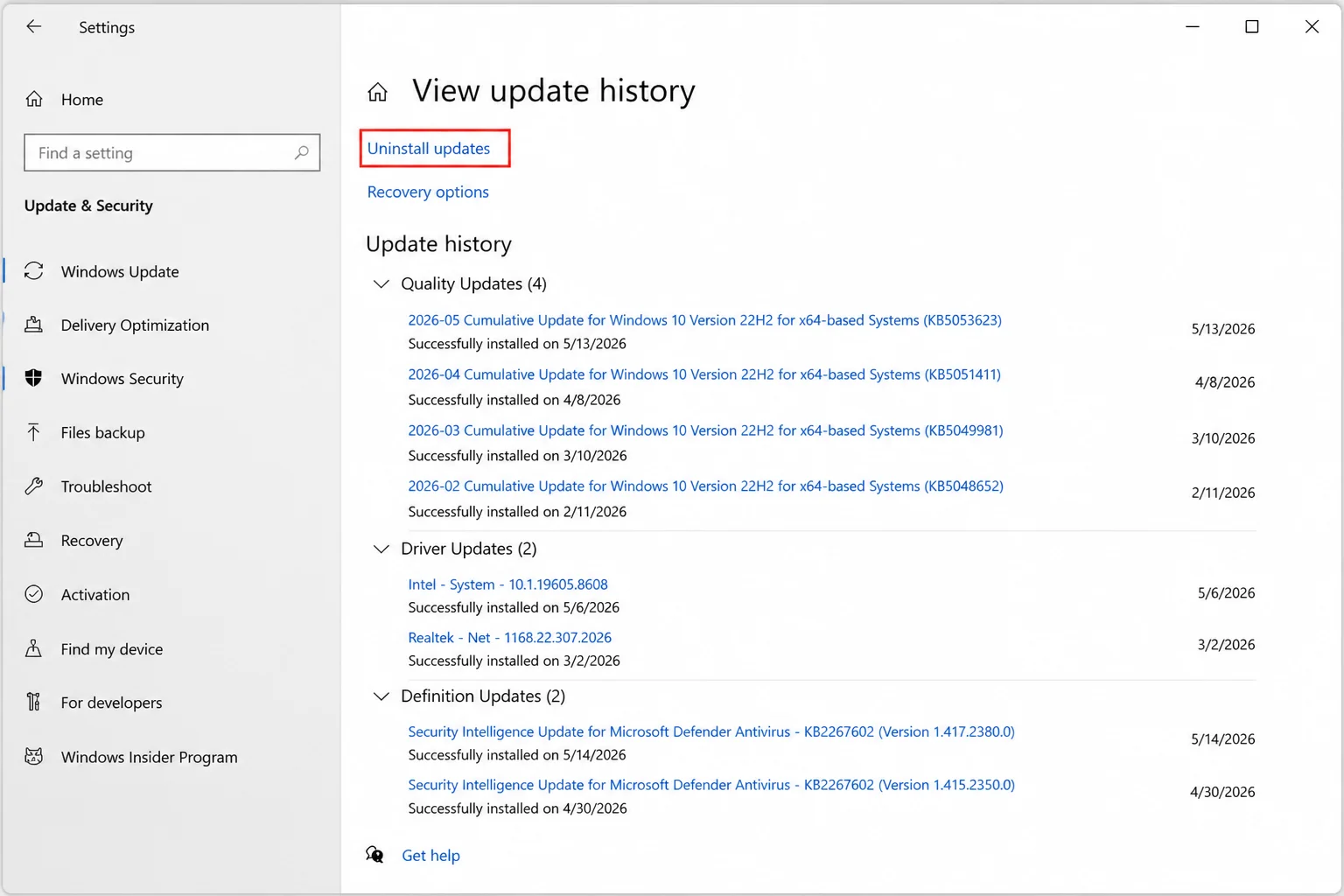 Windows 10 Settings > Update & Security > Windows Update > View update history page with the "Uninstall updates" link visible at the top
