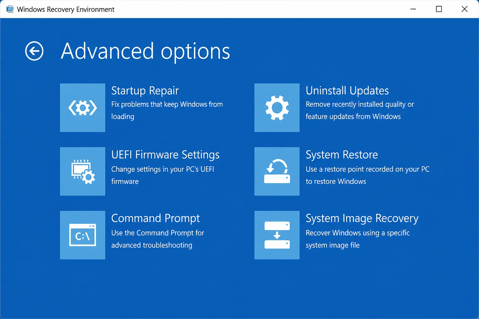 Windows Recovery Environment (WinRE) Advanced Options screen showing "Uninstall updates" alongside Startup Repair, System Restore, and other recovery options