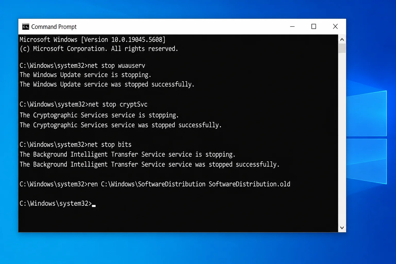 Elevated Command Prompt showing net stop wuauserv, net stop bits, and ren C:\Windows\SoftwareDistribution SoftwareDistribution.old commands completed successfully