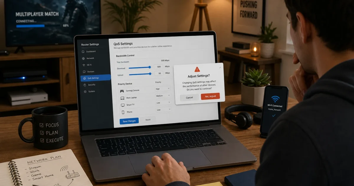 Person adjusts router QoS settings on a laptop, with a warning popup, in a home office with a monitor, mug, notebook and phone nearby.