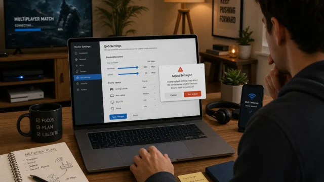 Person adjusts router QoS settings on a laptop, with a warning popup, in a home office with a monitor, mug, notebook and phone nearby.