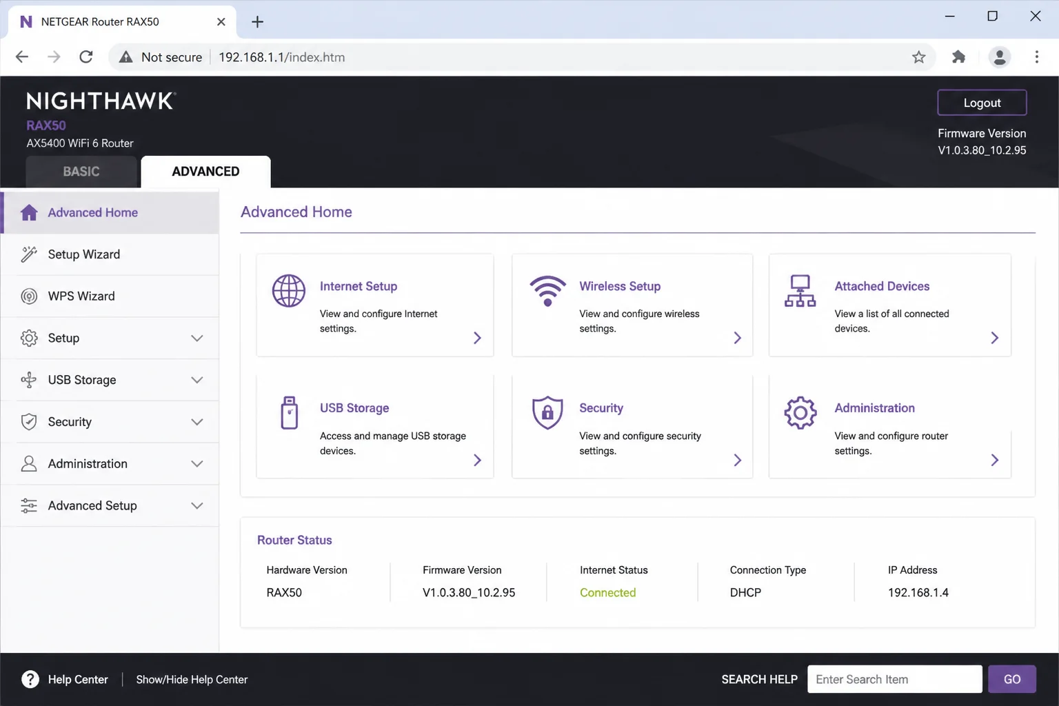 Netgear Nighthawk router admin interface with the ADVANCED tab selected at the top of the page