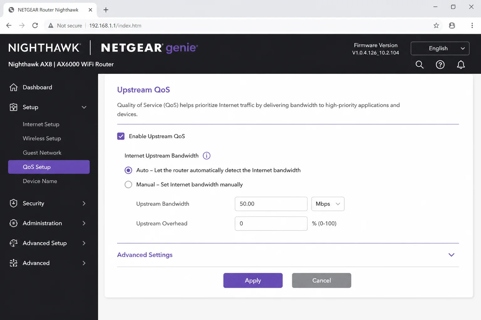 Netgear Nighthawk admin panel left sidebar with Setup expanded and QoS Setup highlighted