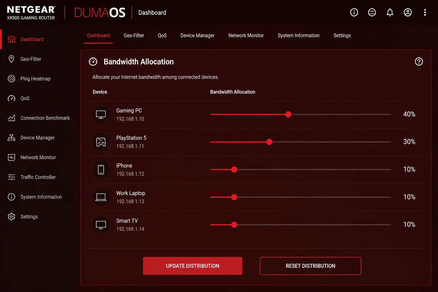 DumaOS dashboard on a Netgear XR-series router showing the Bandwidth Allocation panel with a list of connected devices and bandwidth percentage sliders