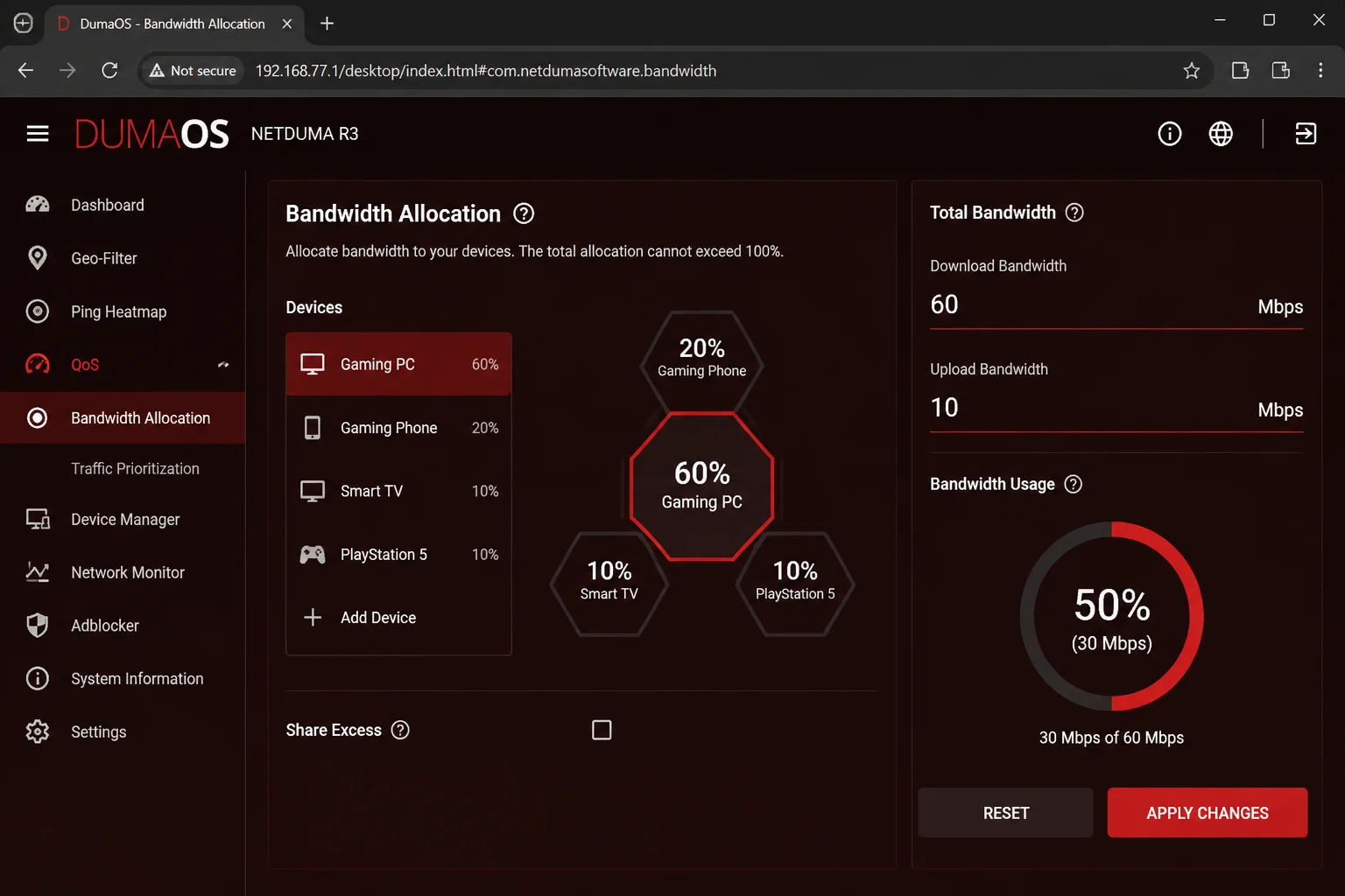 DumaOS Bandwidth Allocation screen showing a single device selected with a percentage allocation set and the Share Excess checkbox unchecked
