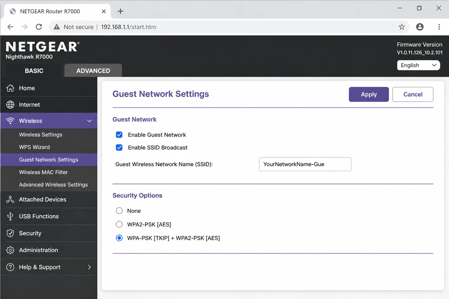 Netgear router admin panel showing the Guest Network or Wireless Settings page with SSID name field and band selection options visible