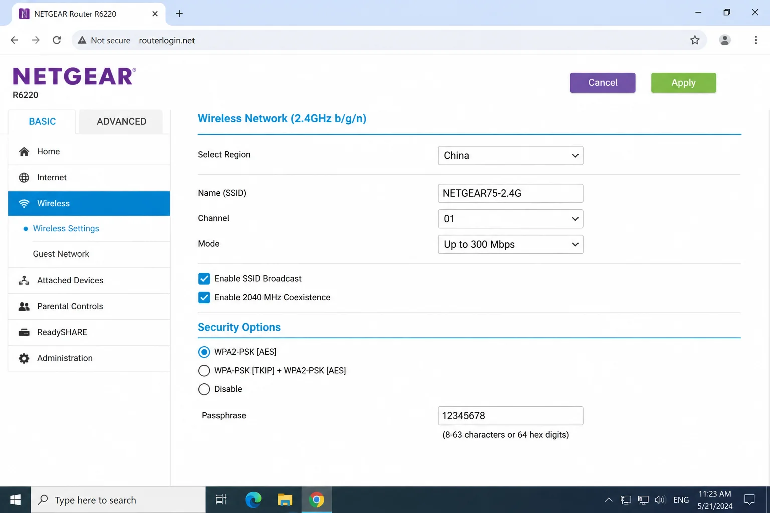 Netgear router wireless settings showing a guest SSID configured for 2.4 GHz band only, with band selection and optional PHY mode dropdown visible