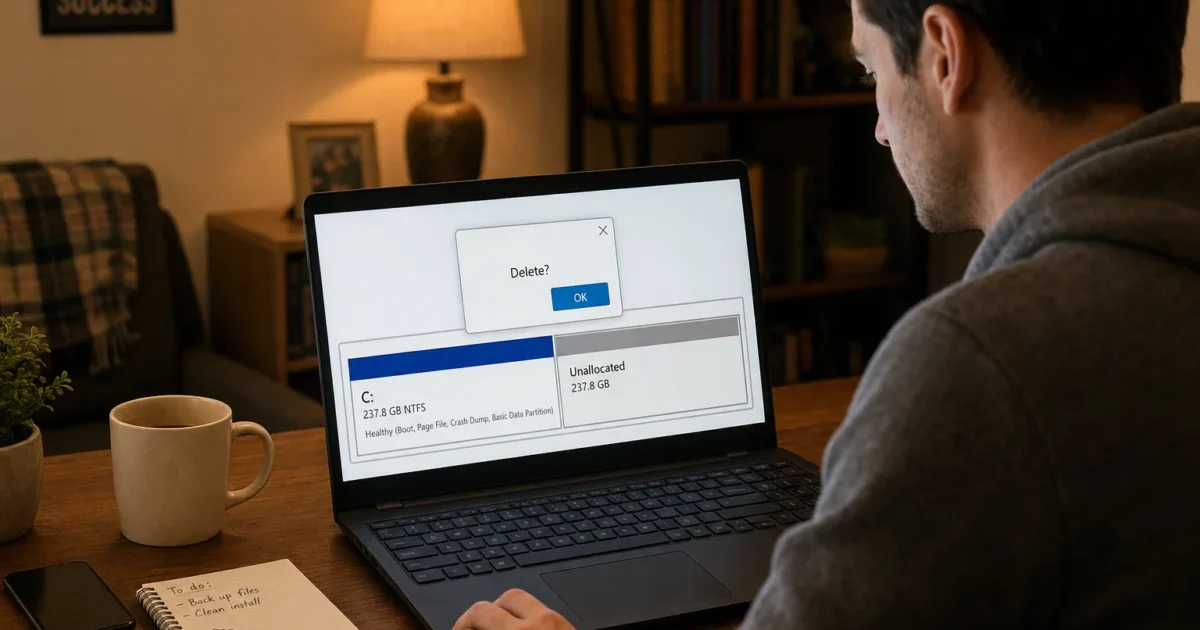 Man sits at a wooden desk using a laptop that shows a 'Delete?' confirmation over a disk-partition window (C: drive and Unallocated space).