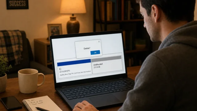 Man sits at a wooden desk using a laptop that shows a 'Delete?' confirmation over a disk-partition window (C: drive and Unallocated space).