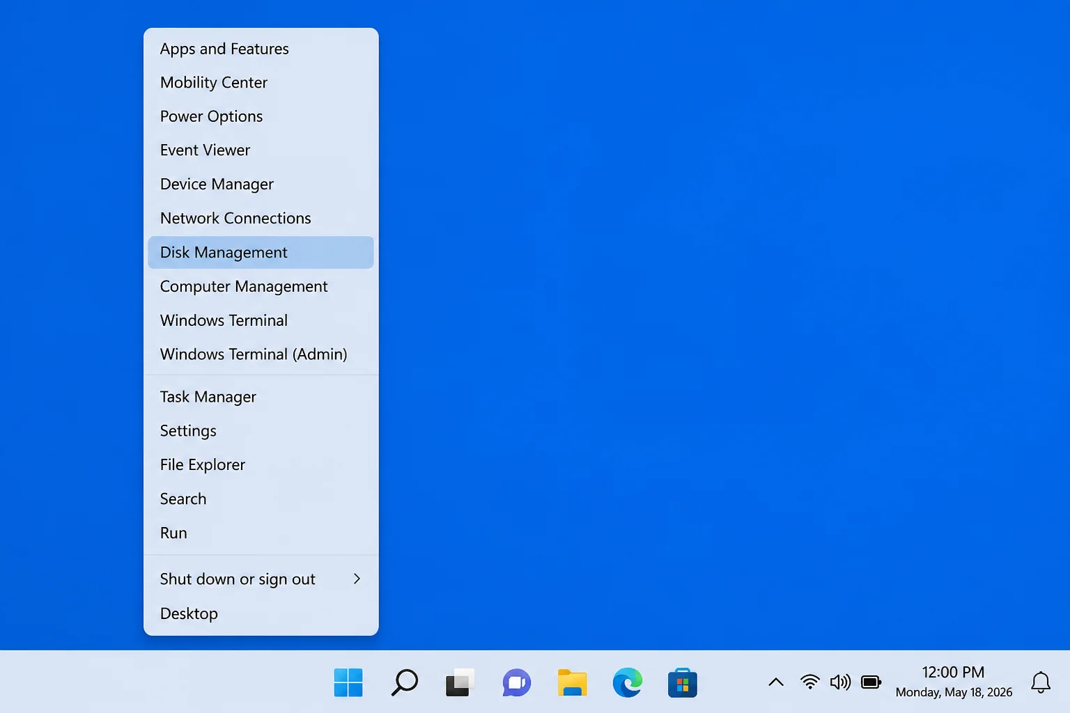 Windows 11 quick-access menu (Win+X) with Disk Management highlighted