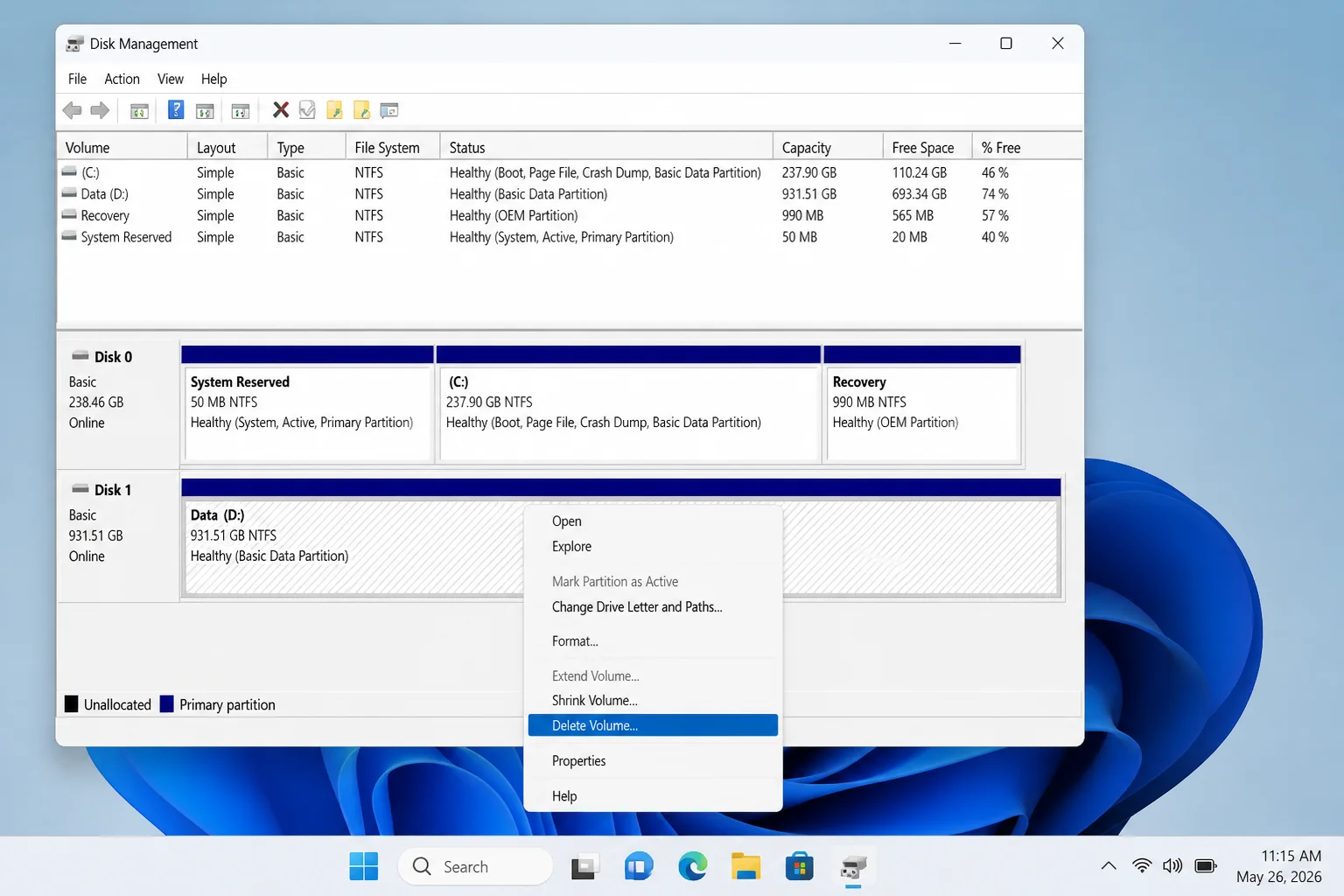 Disk Management lower pane showing a partition right-clicked with "Delete Volume" highlighted in the context menu