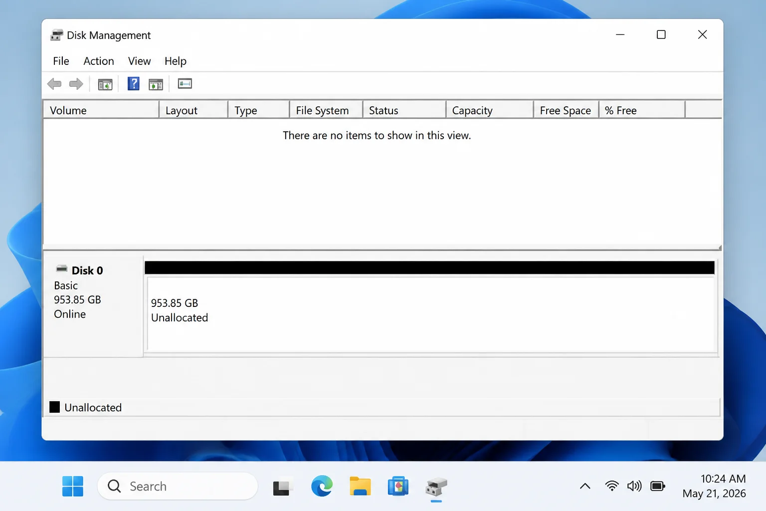 Disk Management lower pane showing the deleted partition now displayed as black "Unallocated" space