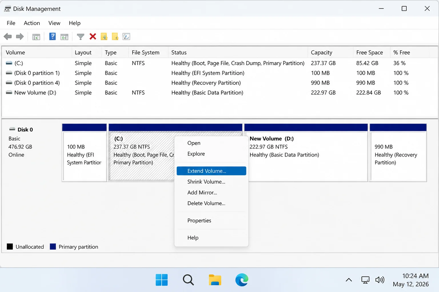Disk Management lower pane showing C: partition right-clicked with "Extend Volume" highlighted in the context menu