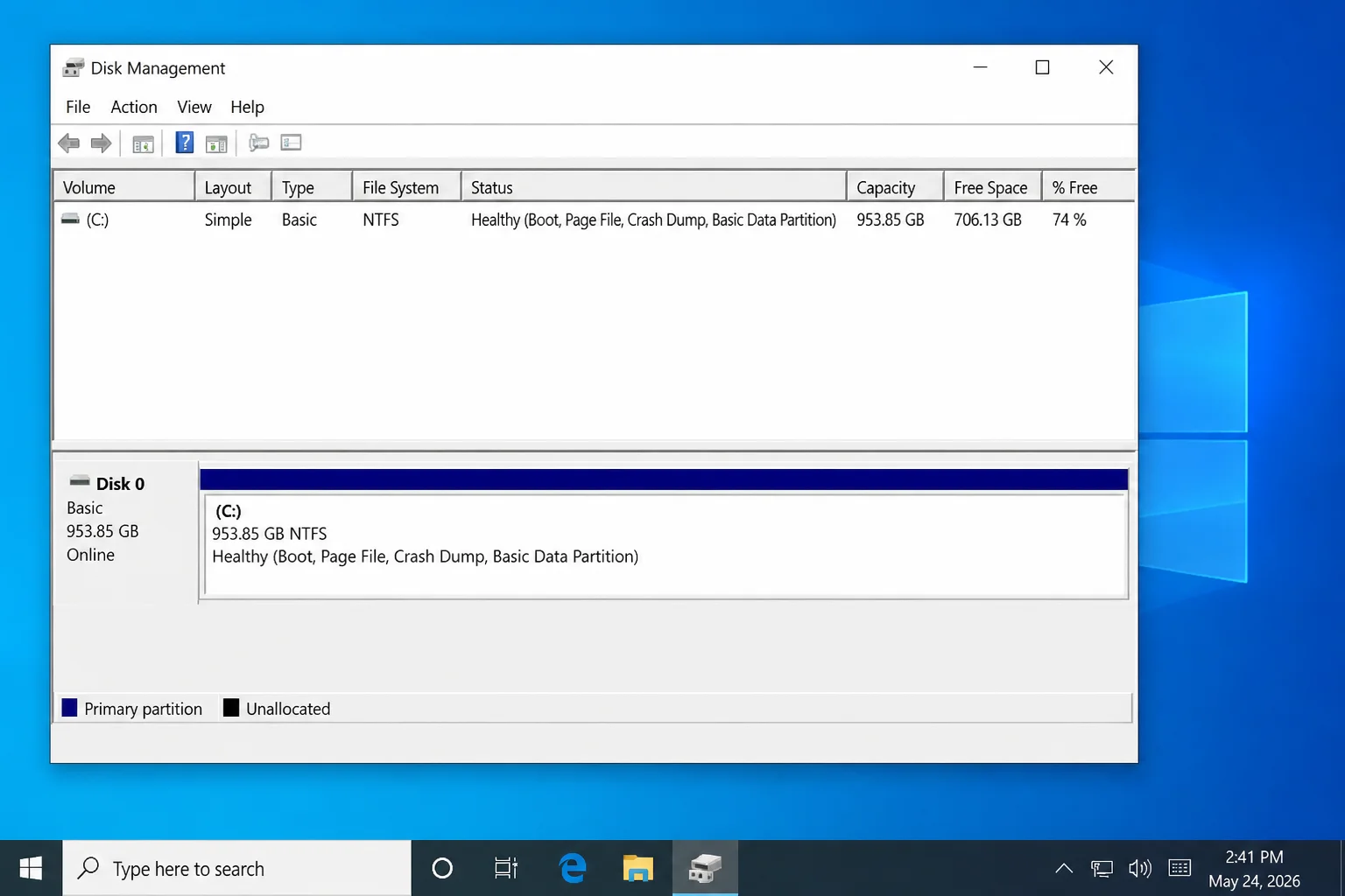 Disk Management lower pane showing the C: partition extended to fill the full disk with no unallocated space remaining