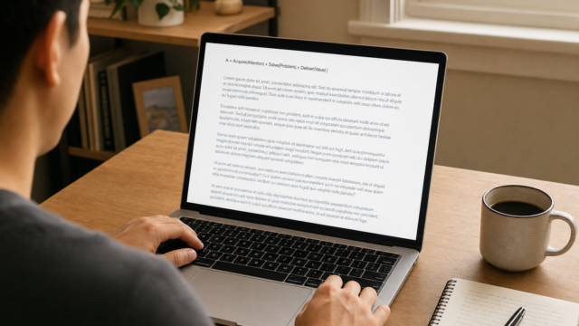 Person typing on a laptop at a wooden desk with a coffee mug and notebook nearby; a window is in the background.