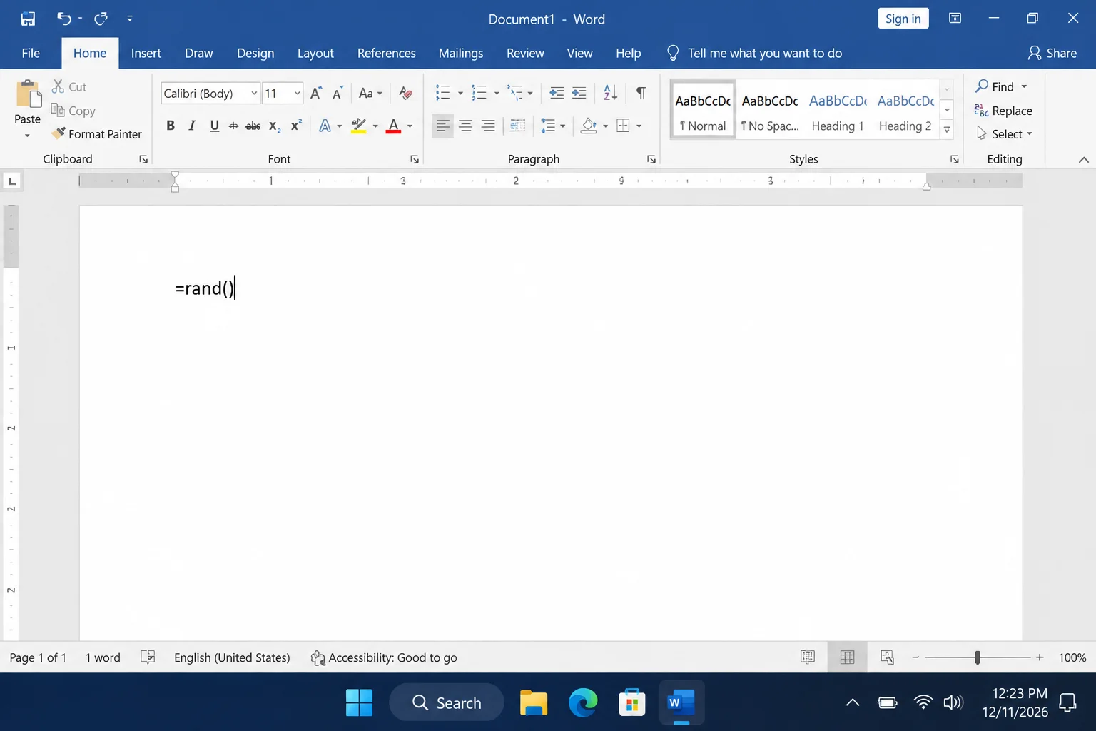 Word document with =rand() typed alone in a blank paragraph, cursor positioned after the closing parenthesis