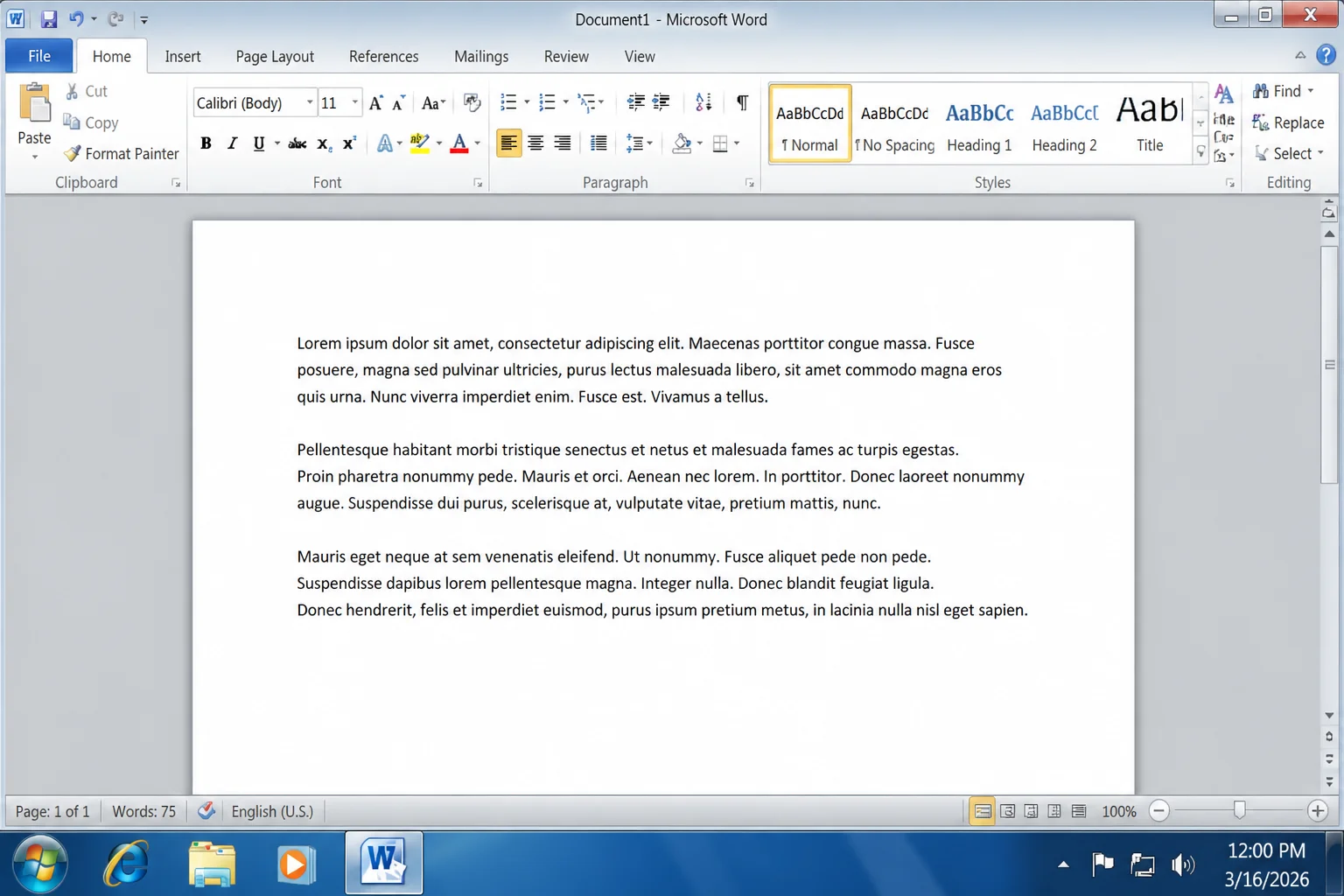 Word document showing lorem ipsum text starting with "Lorem ipsum dolor sit amet..." after running =lorem(5,3)