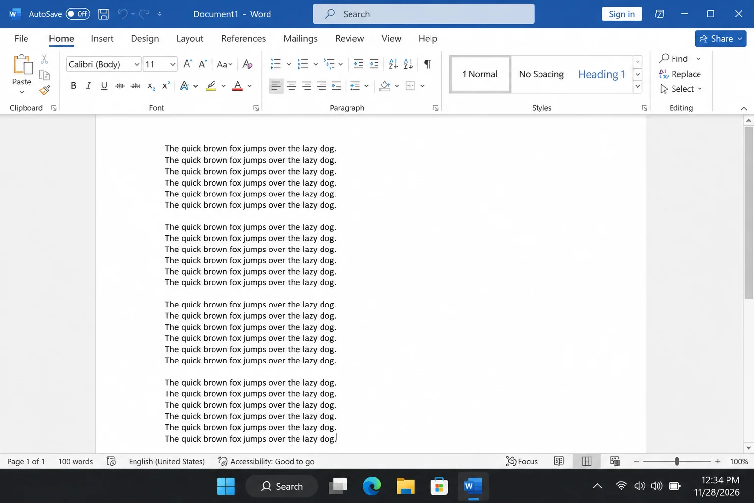 Word document showing "The quick brown fox jumps over the lazy dog" repeated in multiple paragraphs after running =rand.old()