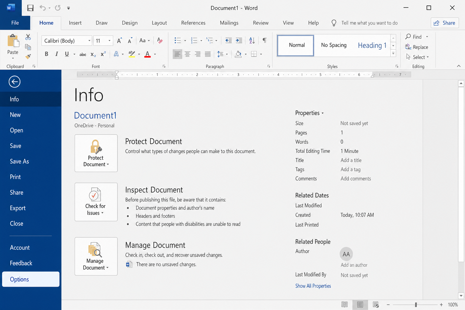Word File menu open with Options highlighted at the bottom of the left sidebar