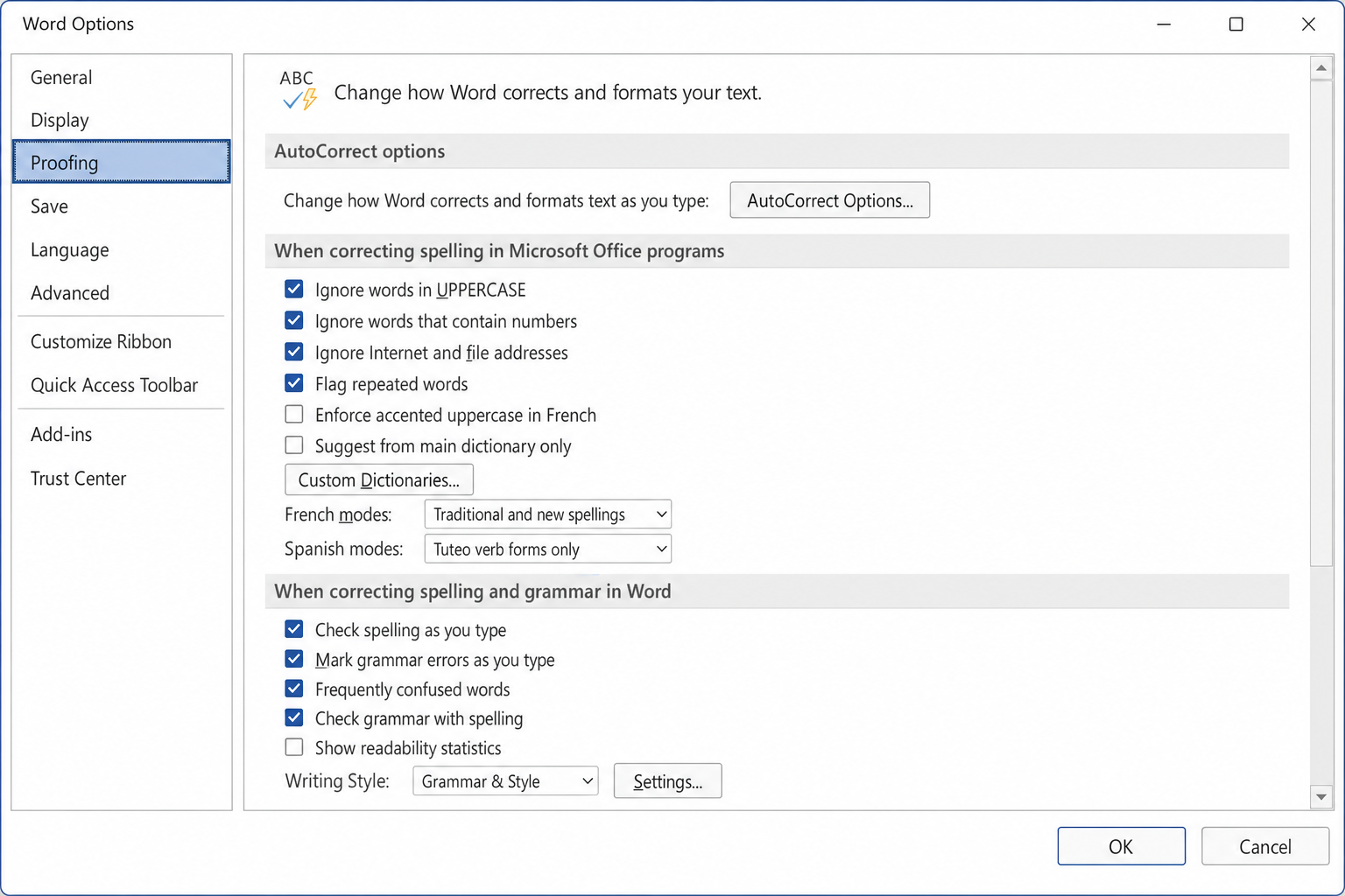 Word Options dialog with Proofing selected in the left pane