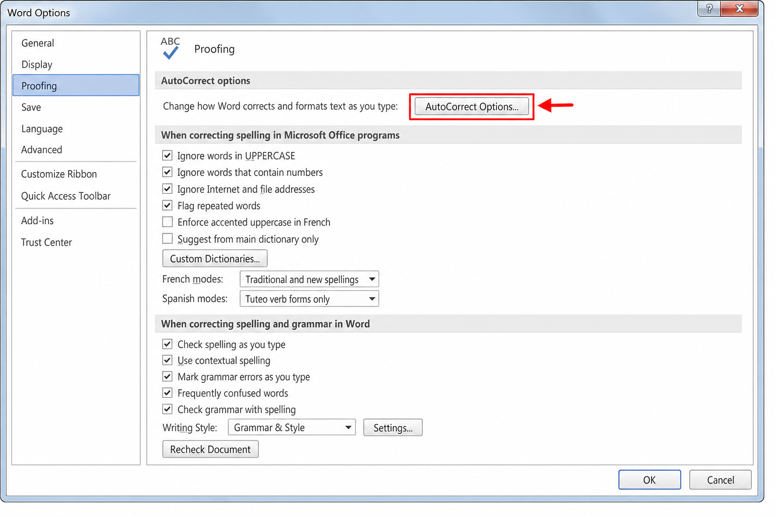 Word Options Proofing pane with AutoCorrect Options button highlighted