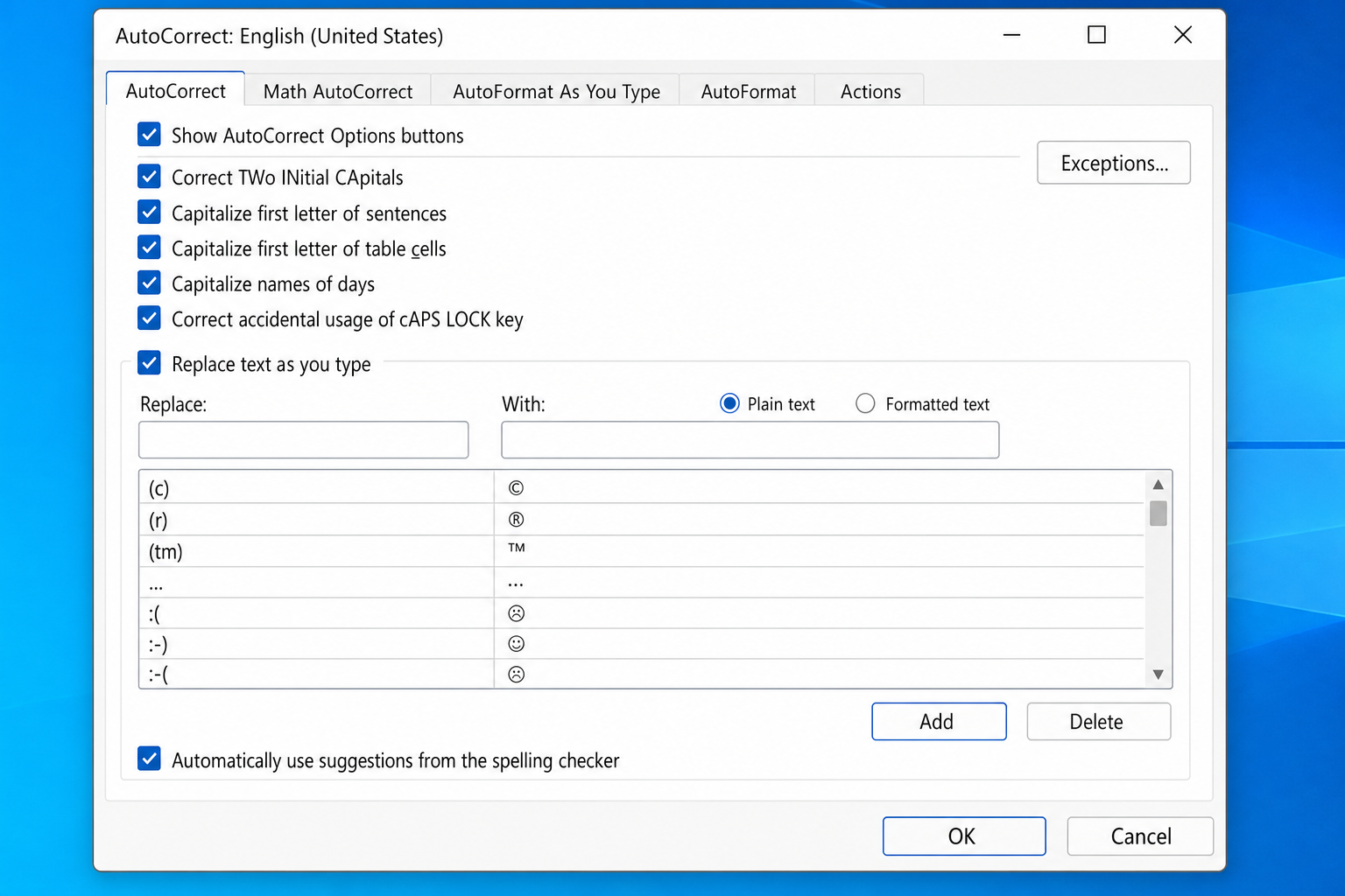 AutoCorrect dialog showing the AutoCorrect tab with "Replace text as you type" checkbox checked