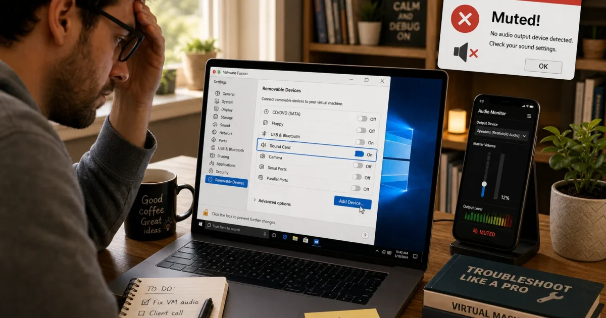 Person at a desk looking stressed while using a laptop; on-screen VM settings show Removable Devices and a Muted! error popup nearby as a phone displays an audio monitor.