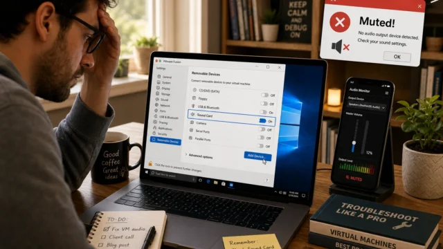 Person at a desk looking stressed while using a laptop; on-screen VM settings show Removable Devices and a Muted! error popup nearby as a phone displays an audio monitor.