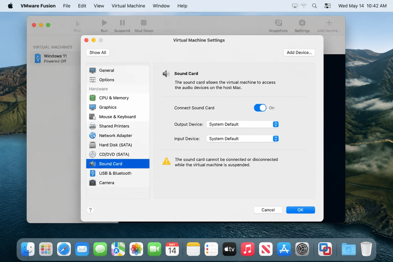 VMware Fusion Virtual Machine Settings window with Sound Card selected under Removable Devices, showing the On/Off toggle
