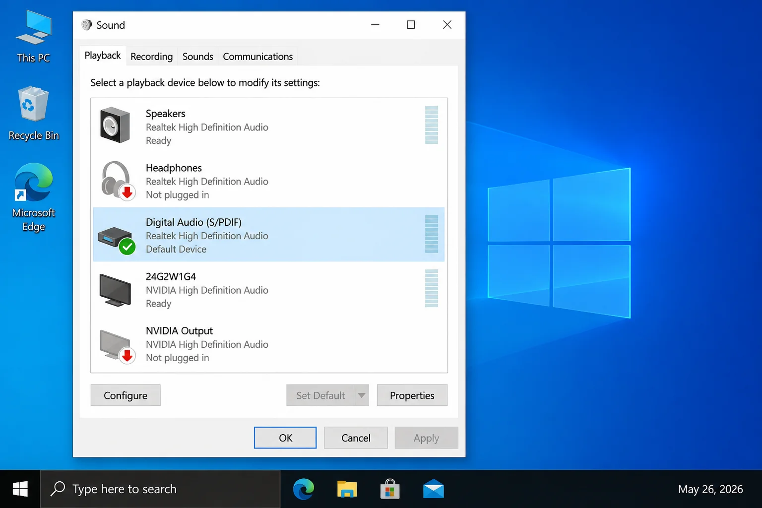 Windows Sound settings Playback tab with High Definition Audio Device listed as the default output device