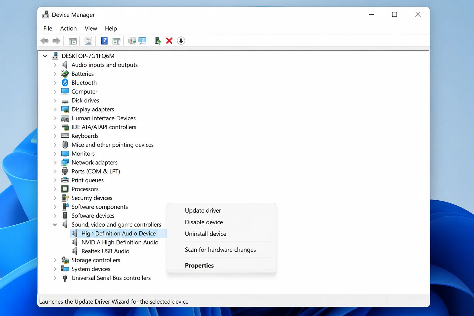 Device Manager with Sound, video and game controllers expanded, showing High Definition Audio Device highlighted with a