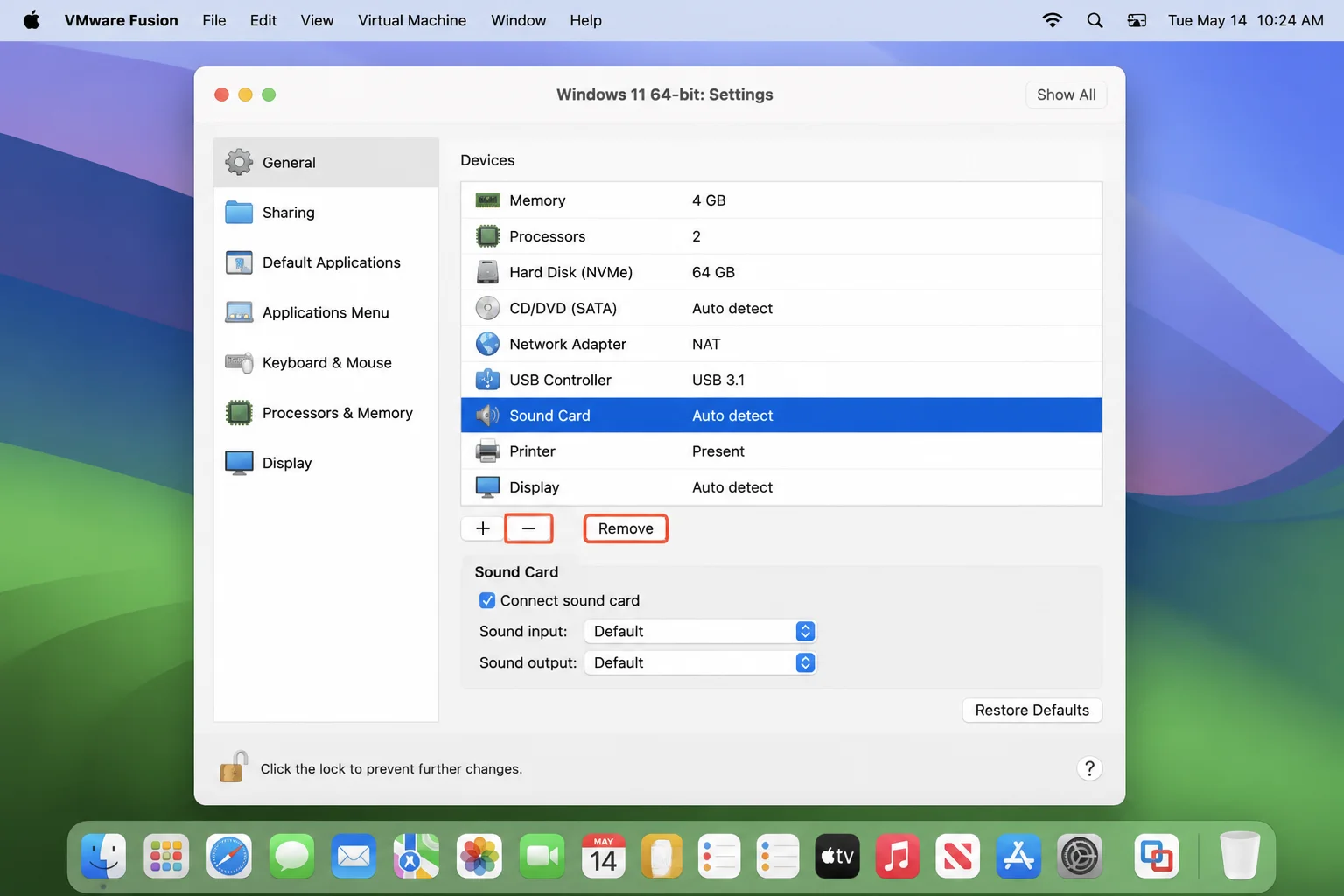 VMware Fusion VM Settings showing Sound Card selected with the Remove/minus button highlighted at the bottom of the device