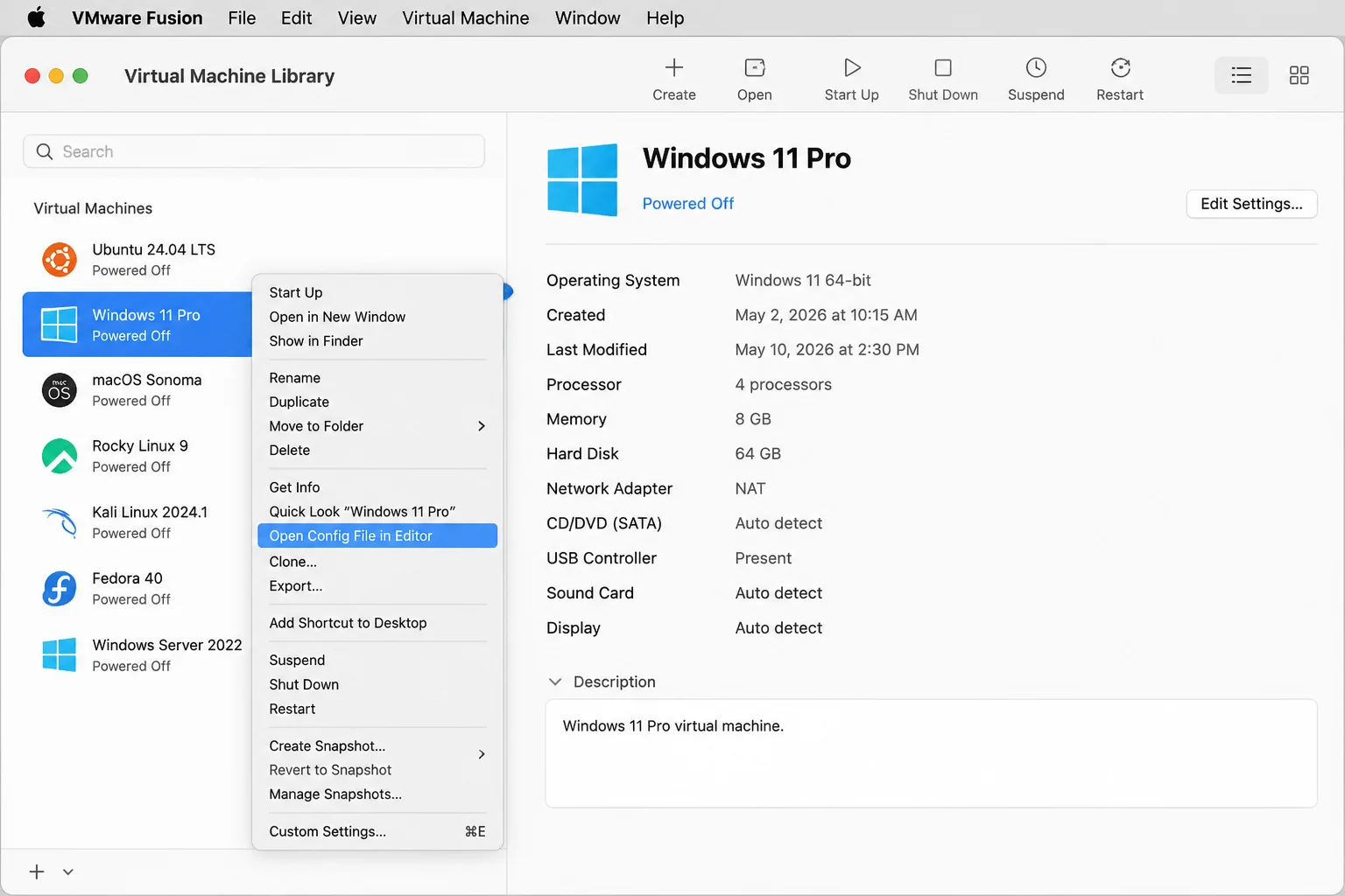 VMware Fusion Virtual Machine Library with right-click context menu open (Option key held) showing "Open Config File in